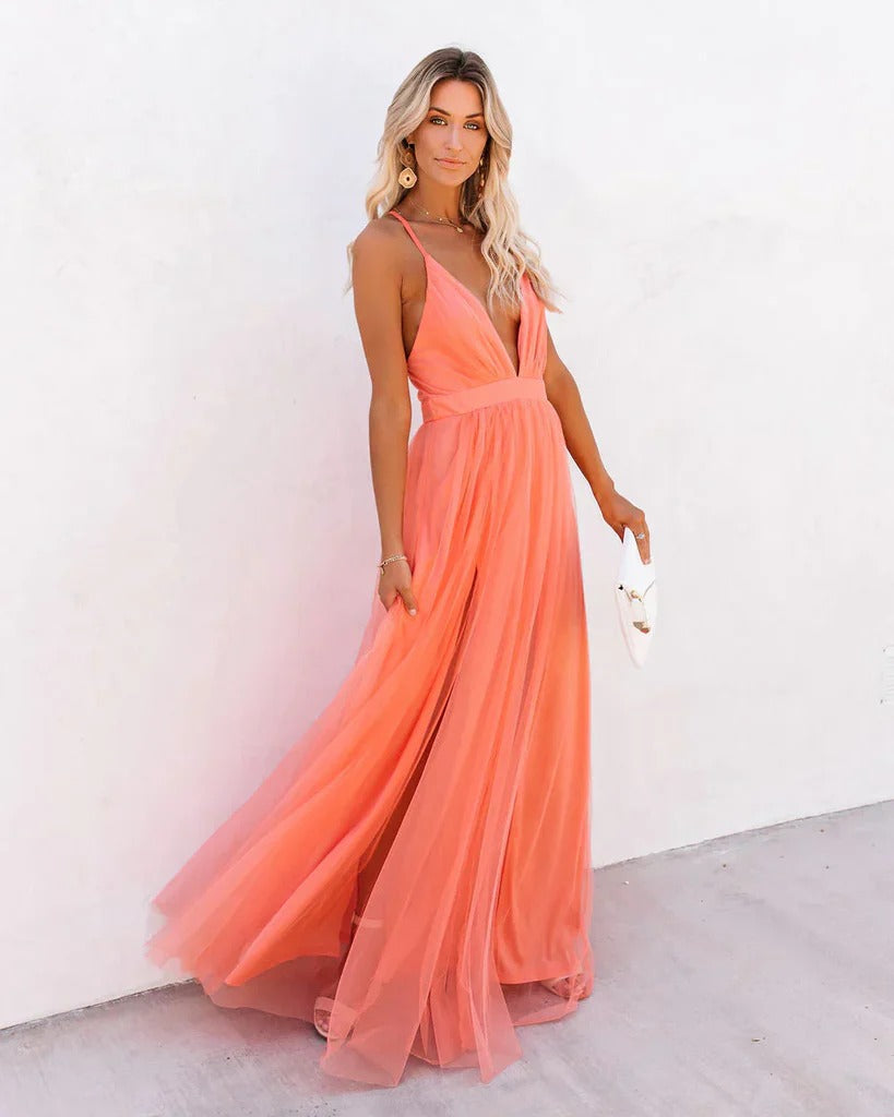 Carolina™ | Plunging Backless Flowing Maxi Dress