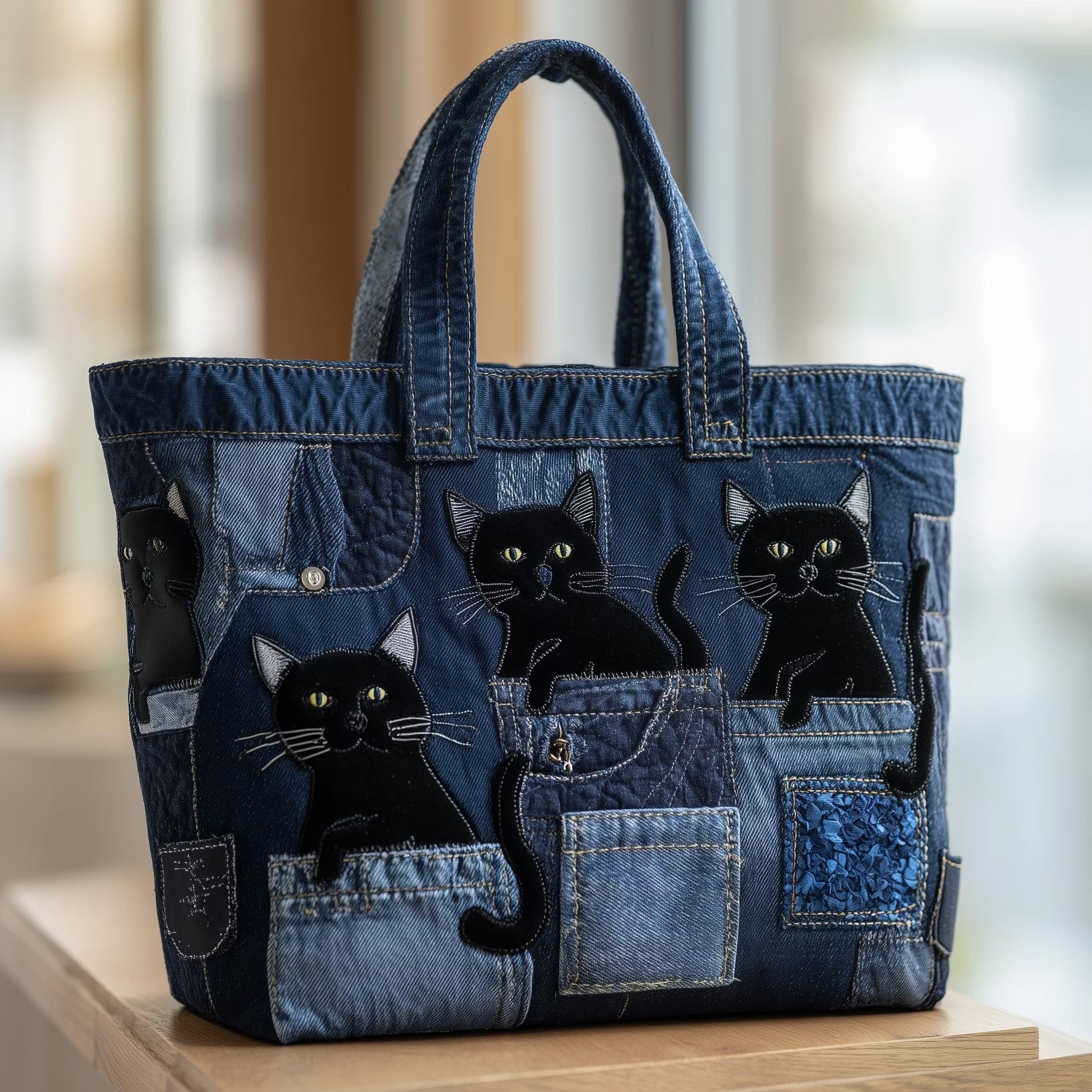 Lunar™ | Playful Black Cat Patchwork Denim Tote Bag