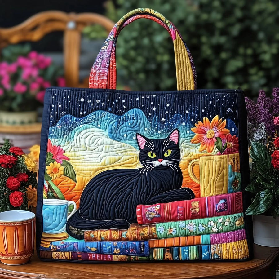 Midnight™ | Curious Black Cat & Books Quilted Tote Bag