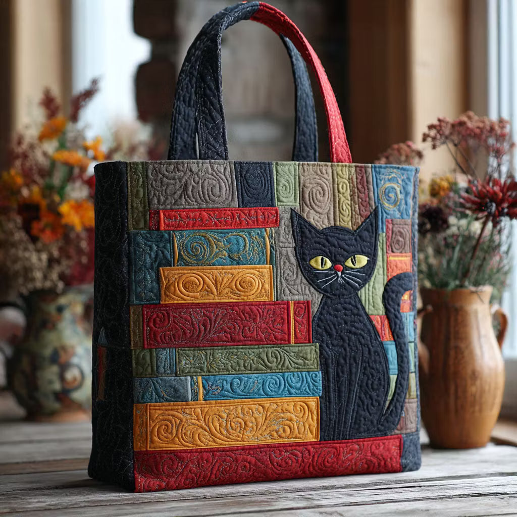 Tabitha™ | Bookish Black Cat Quilted Tote