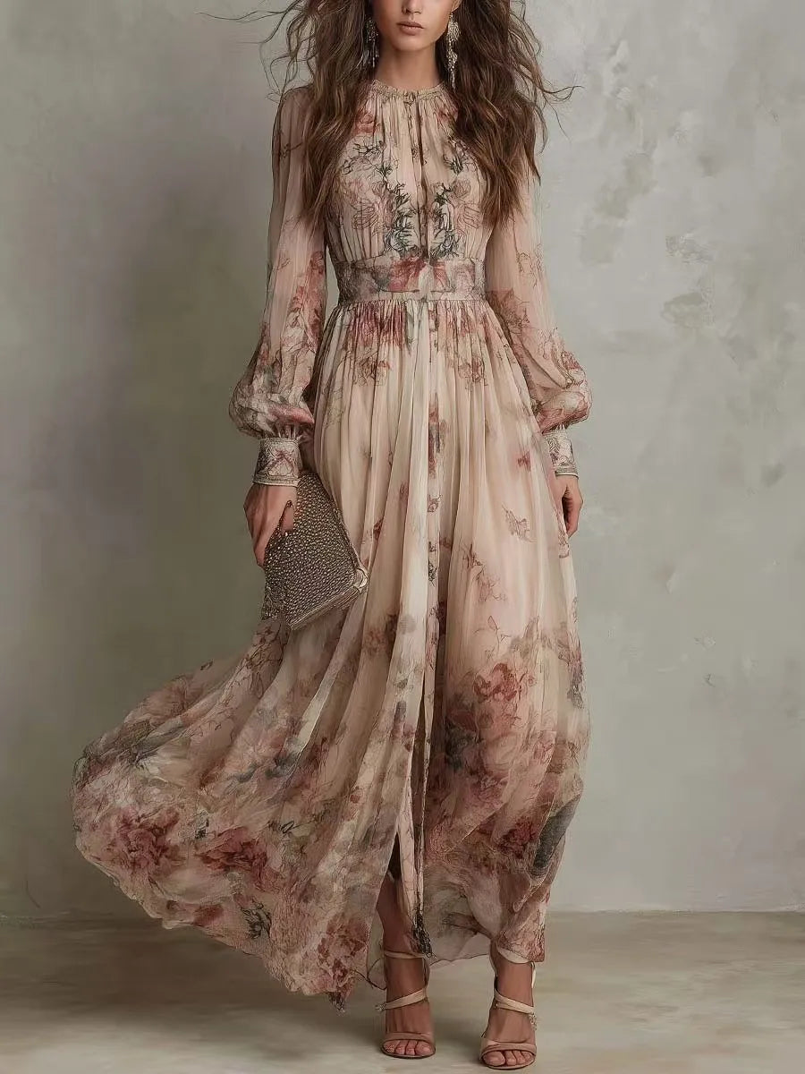 Coraline™ | Vintage Floral Pleated Maxi Dress