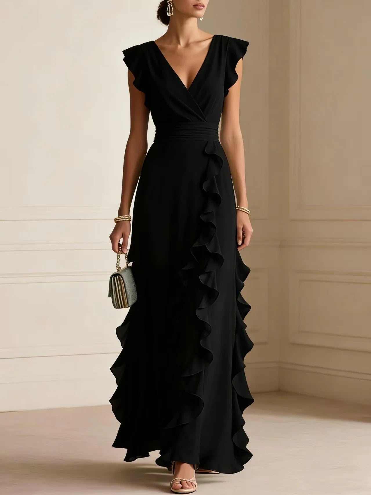 Bettina™ | Cascading Ruffle V-Neck Maxi Dress