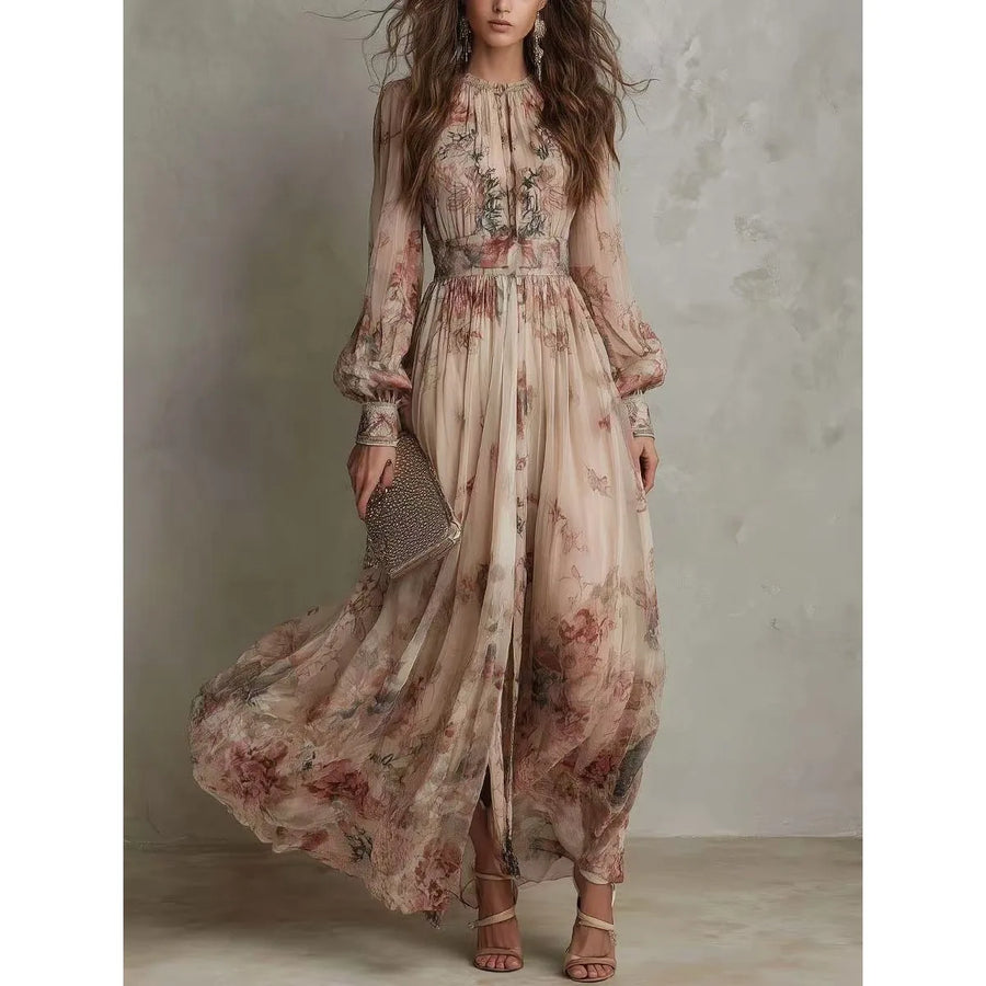 Coraline™ | Vintage Floral Pleated Maxi Dress