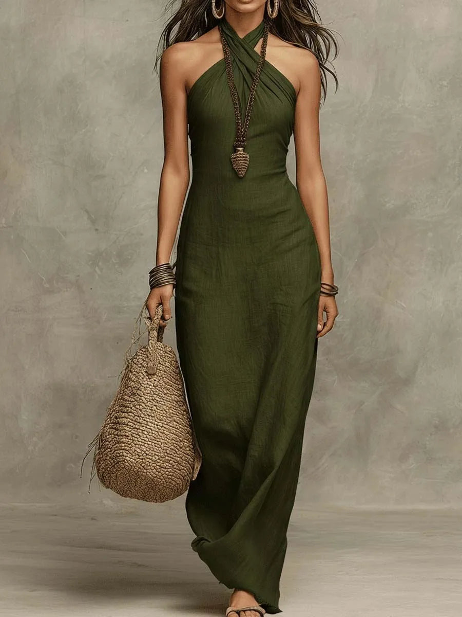 Nerina™ | Criss-Cross Halter Flowing Maxi Dress