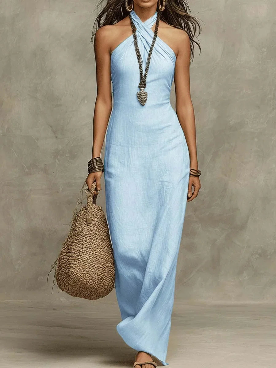 Nerina™ | Criss-Cross Halter Flowing Maxi Dress