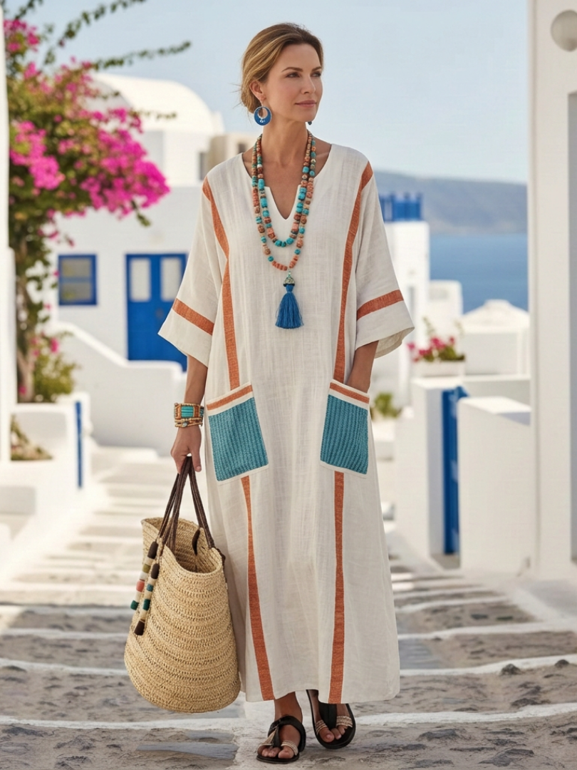 Adriana™ | Striped V-Neck Relaxed Pocket Maxi Dress