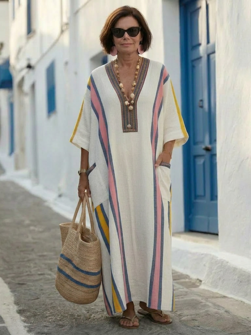 Adriana™ | Striped V-Neck Relaxed Pocket Maxi Dress