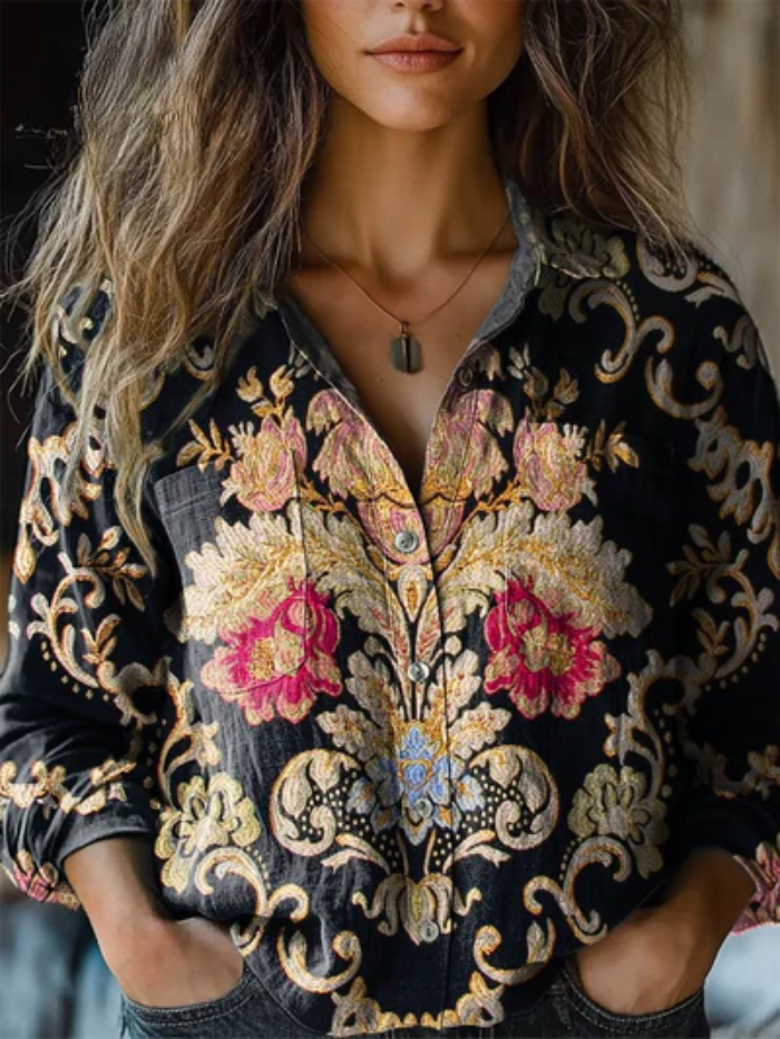 Maria™ | Baroque Floral Relaxed Button-Down Blouse