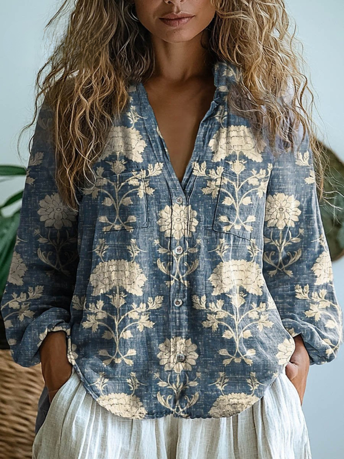 Elin™ | Vintage Blue Botanical Button-Down Blouse
