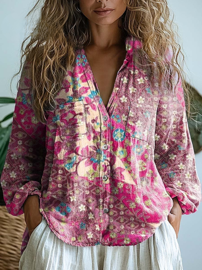 Ida™ | Bohemian Rose Patchwork Button-Down Blouse