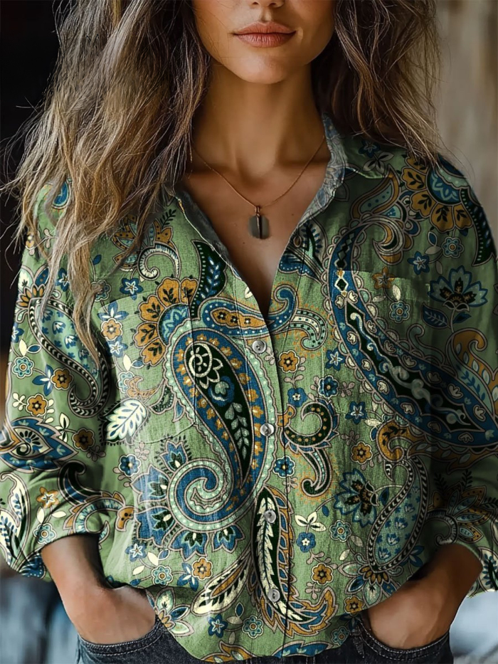 Britta™ | Sage Paisley Relaxed Button-Down Blouse