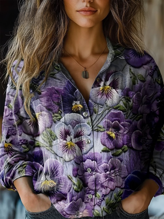 Viola™ | Romantic Pansy Floral Button-Down Blouse