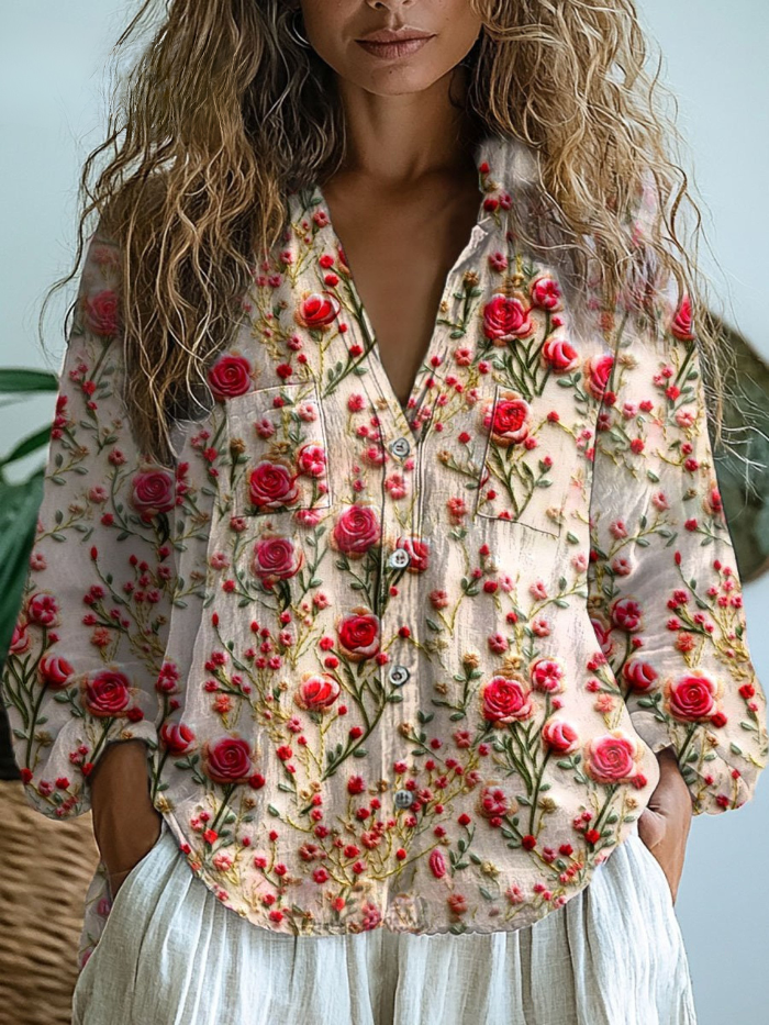 Karin™ | Romantic Rose Garden Button-Down Blouse