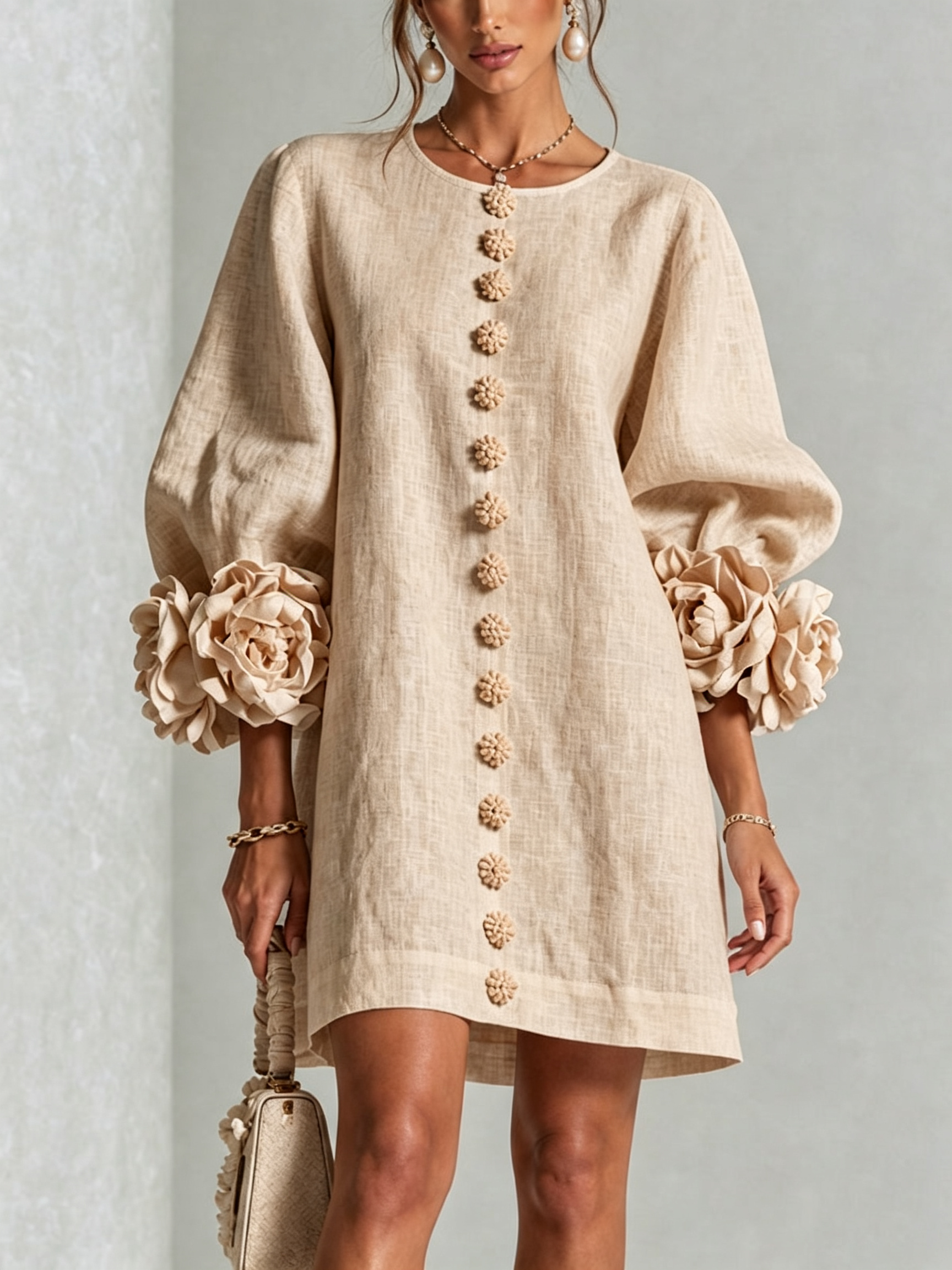 Floryn™ | Floral Cuff Button-Front Mini Dress