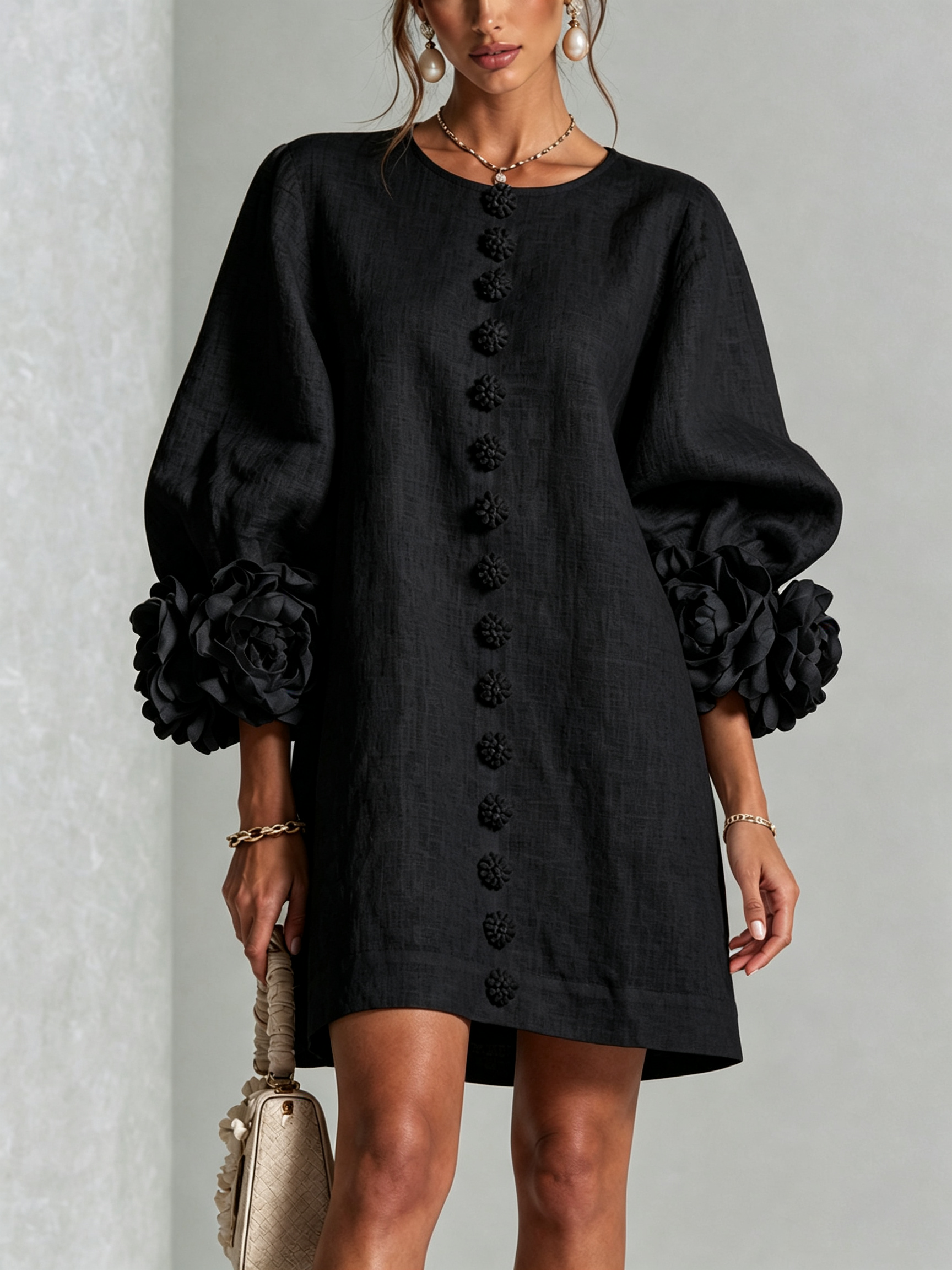 Floryn™ | Floral Cuff Button-Front Mini Dress