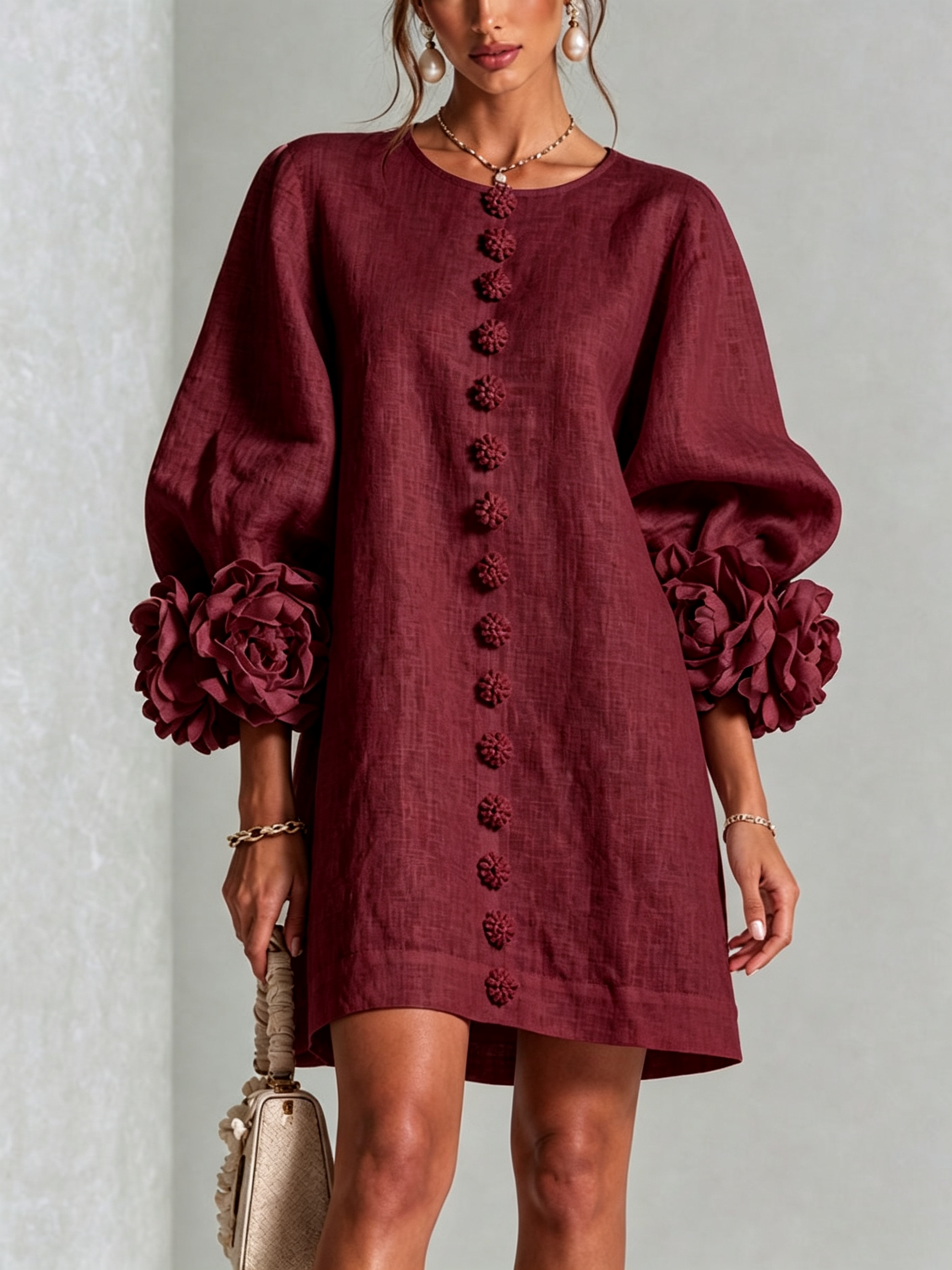 Floryn™ | Floral Cuff Button-Front Mini Dress