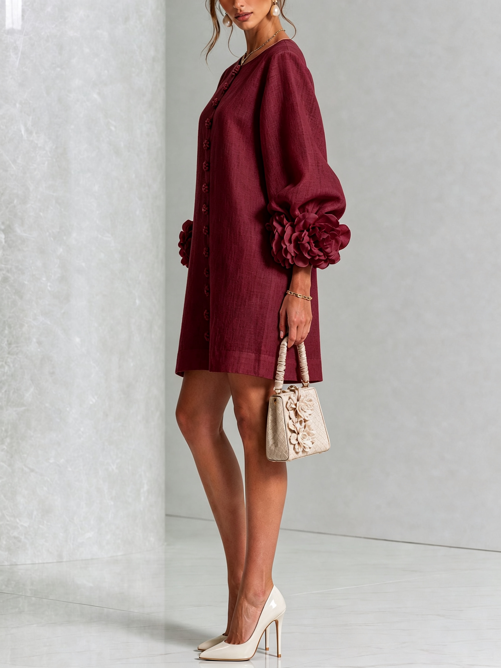 Floryn™ | Floral Cuff Button-Front Mini Dress