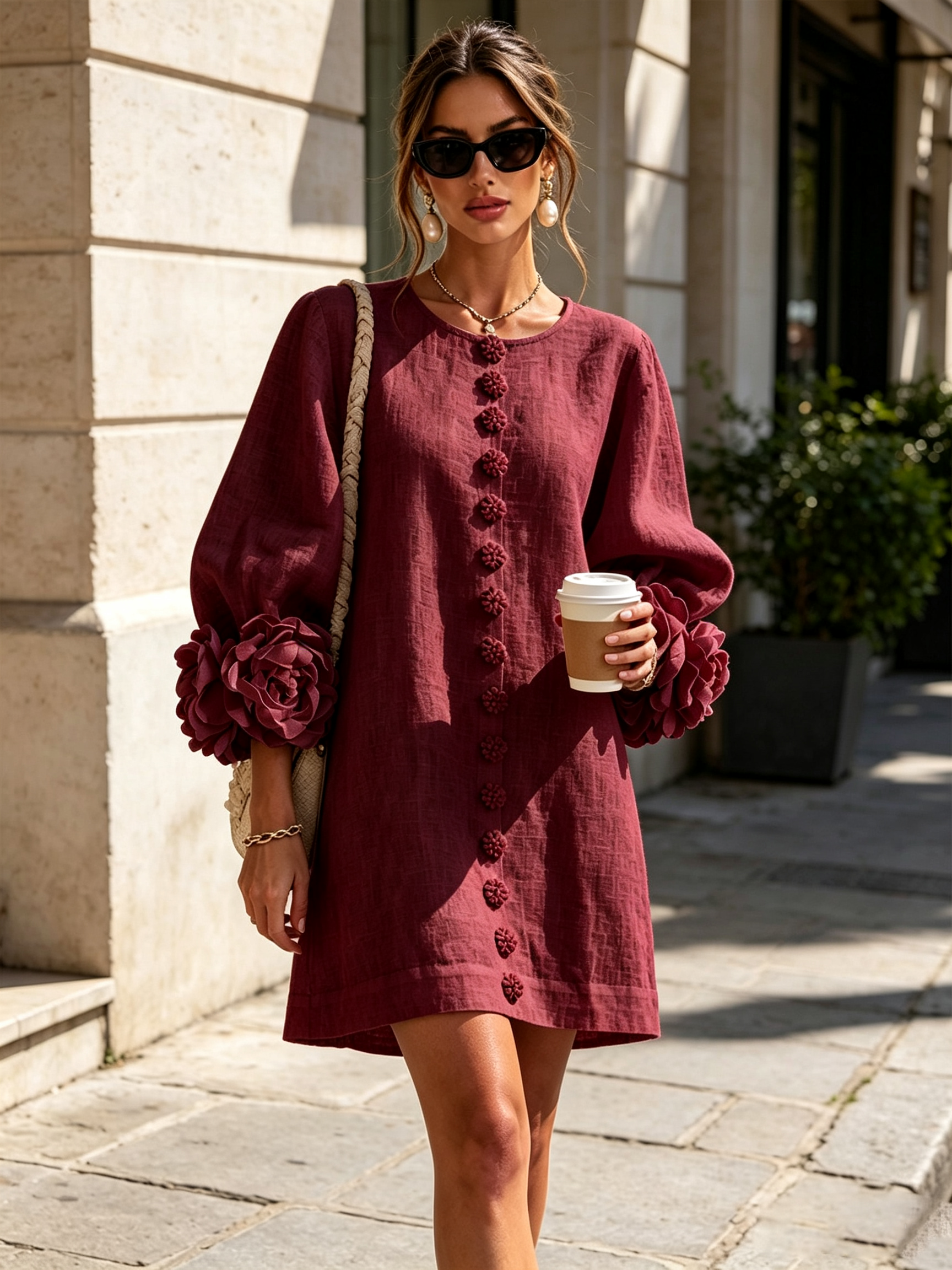 Floryn™ | Floral Cuff Button-Front Mini Dress