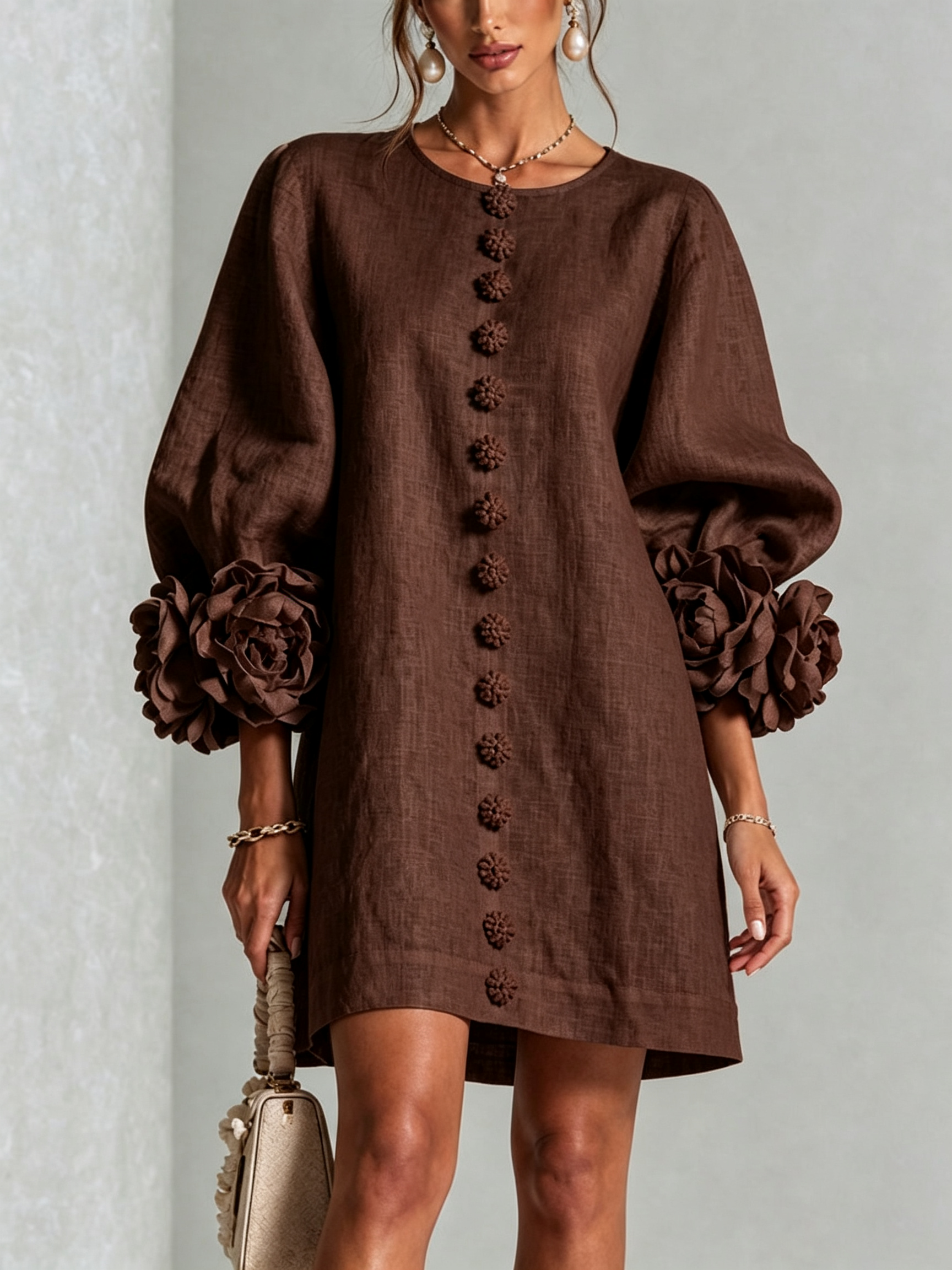 Floryn™ | Floral Cuff Button-Front Mini Dress