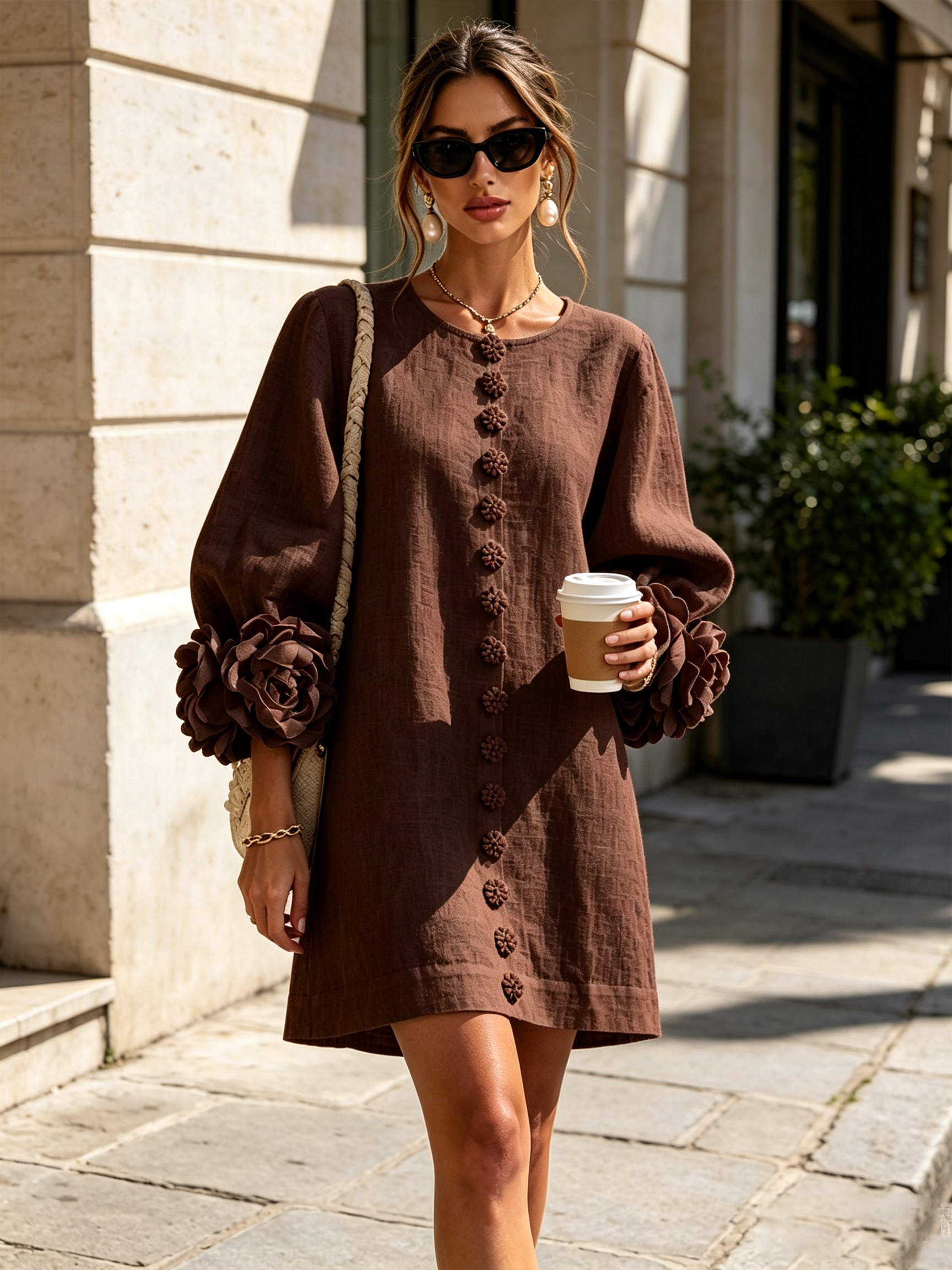 Floryn™ | Floral Cuff Button-Front Mini Dress