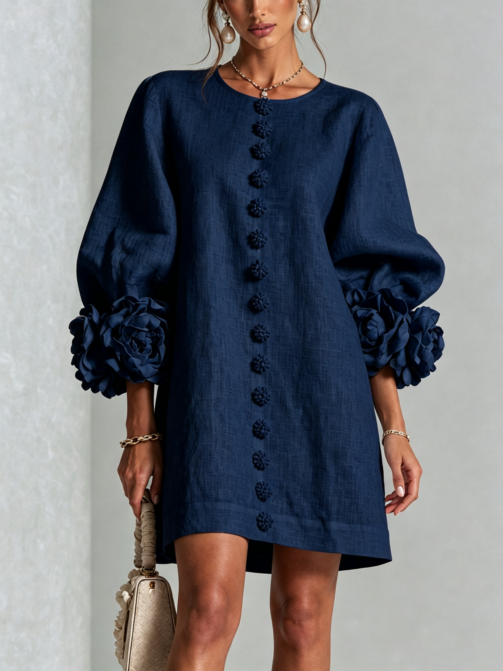 Floryn™ | Floral Cuff Button-Front Mini Dress