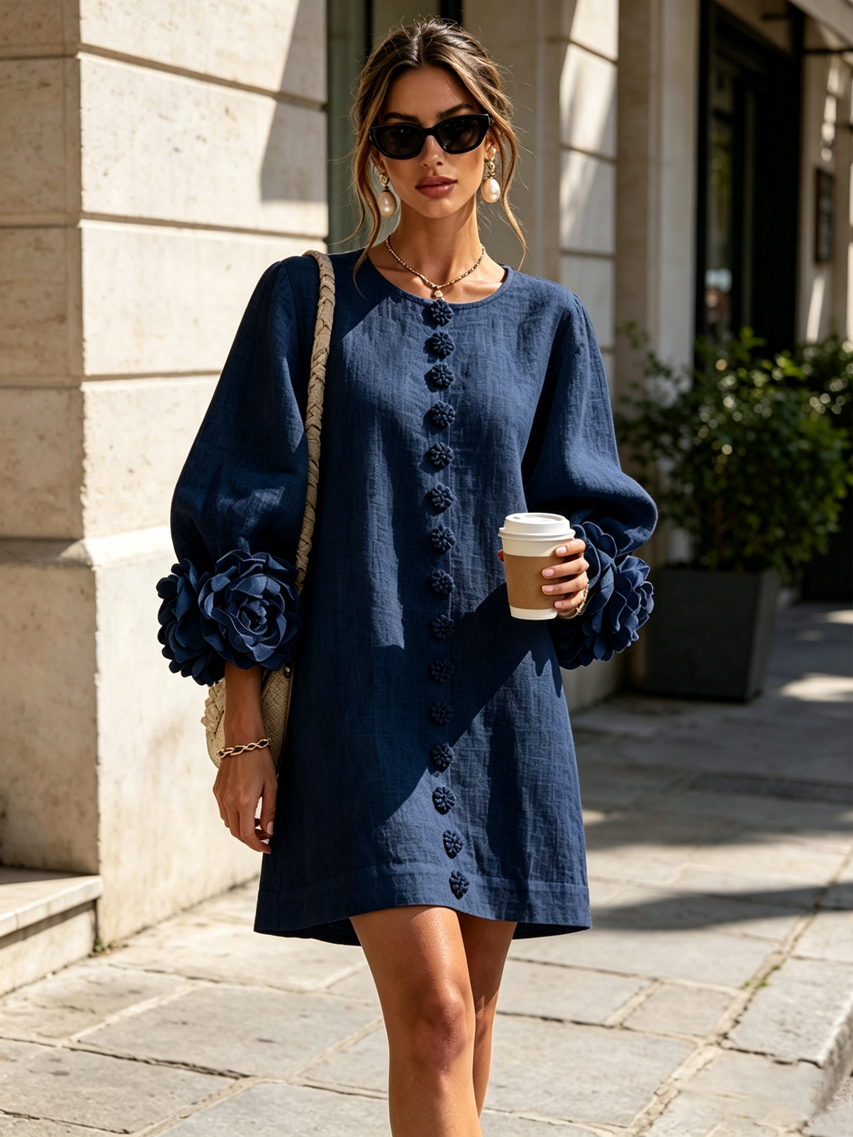 Floryn™ | Floral Cuff Button-Front Mini Dress