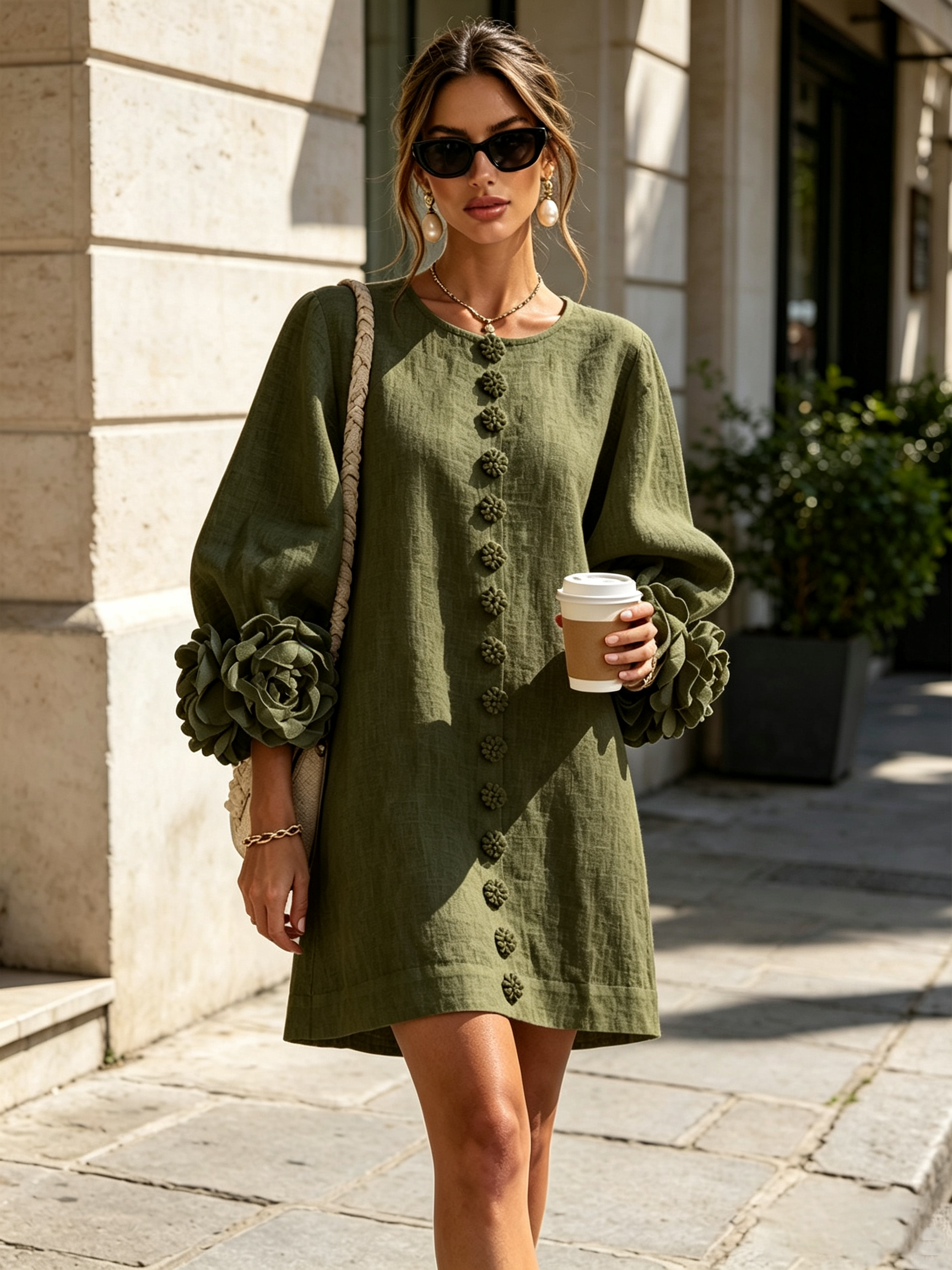 Floryn™ | Floral Cuff Button-Front Mini Dress
