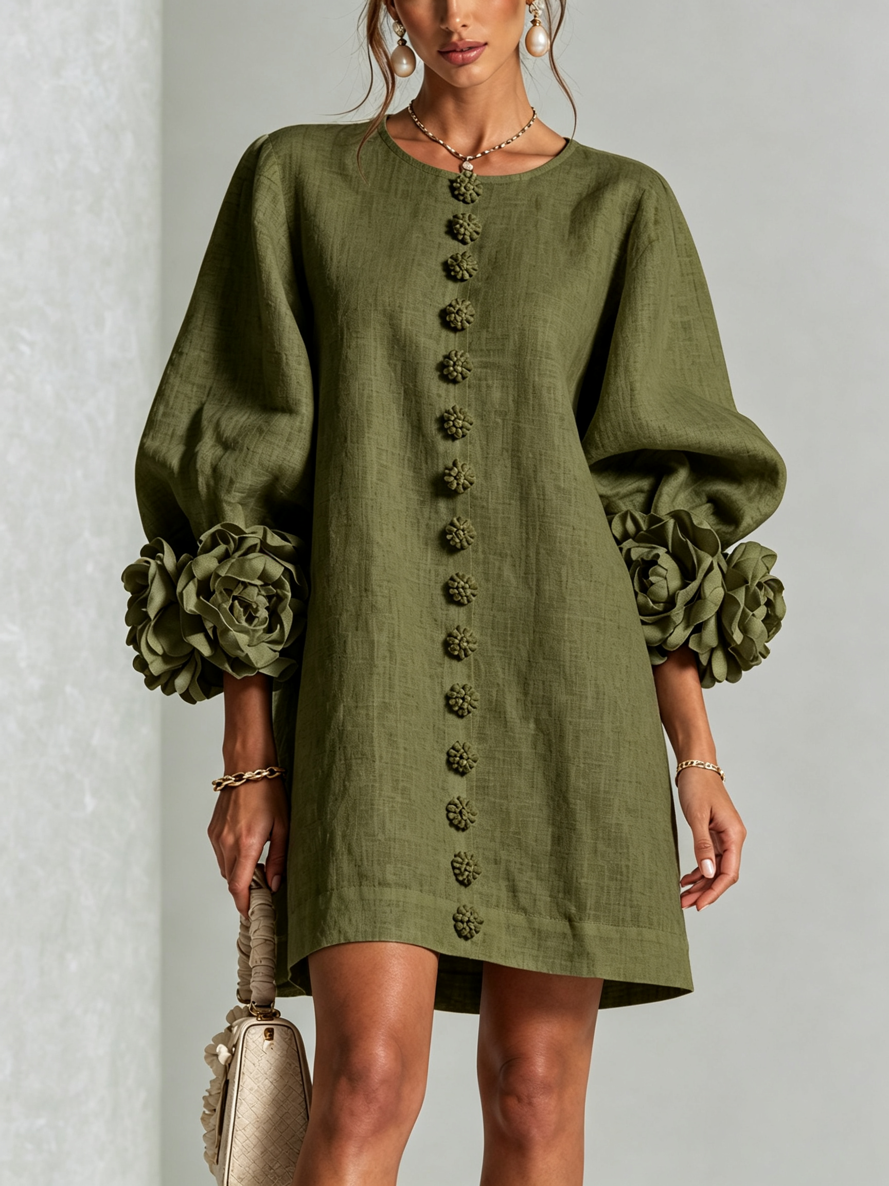 Floryn™ | Floral Cuff Button-Front Mini Dress
