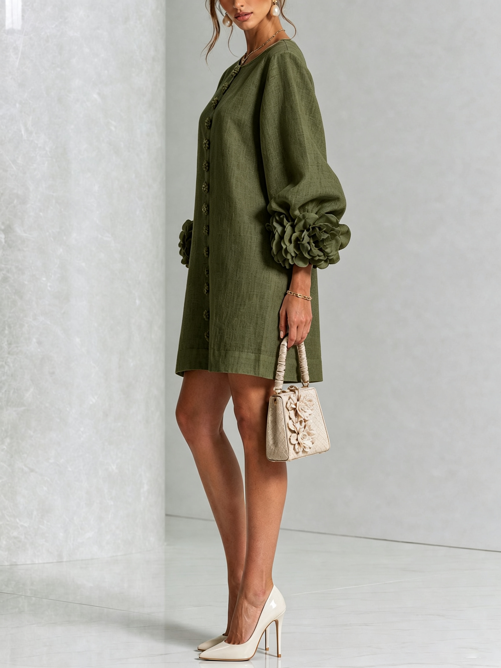 Floryn™ | Floral Cuff Button-Front Mini Dress