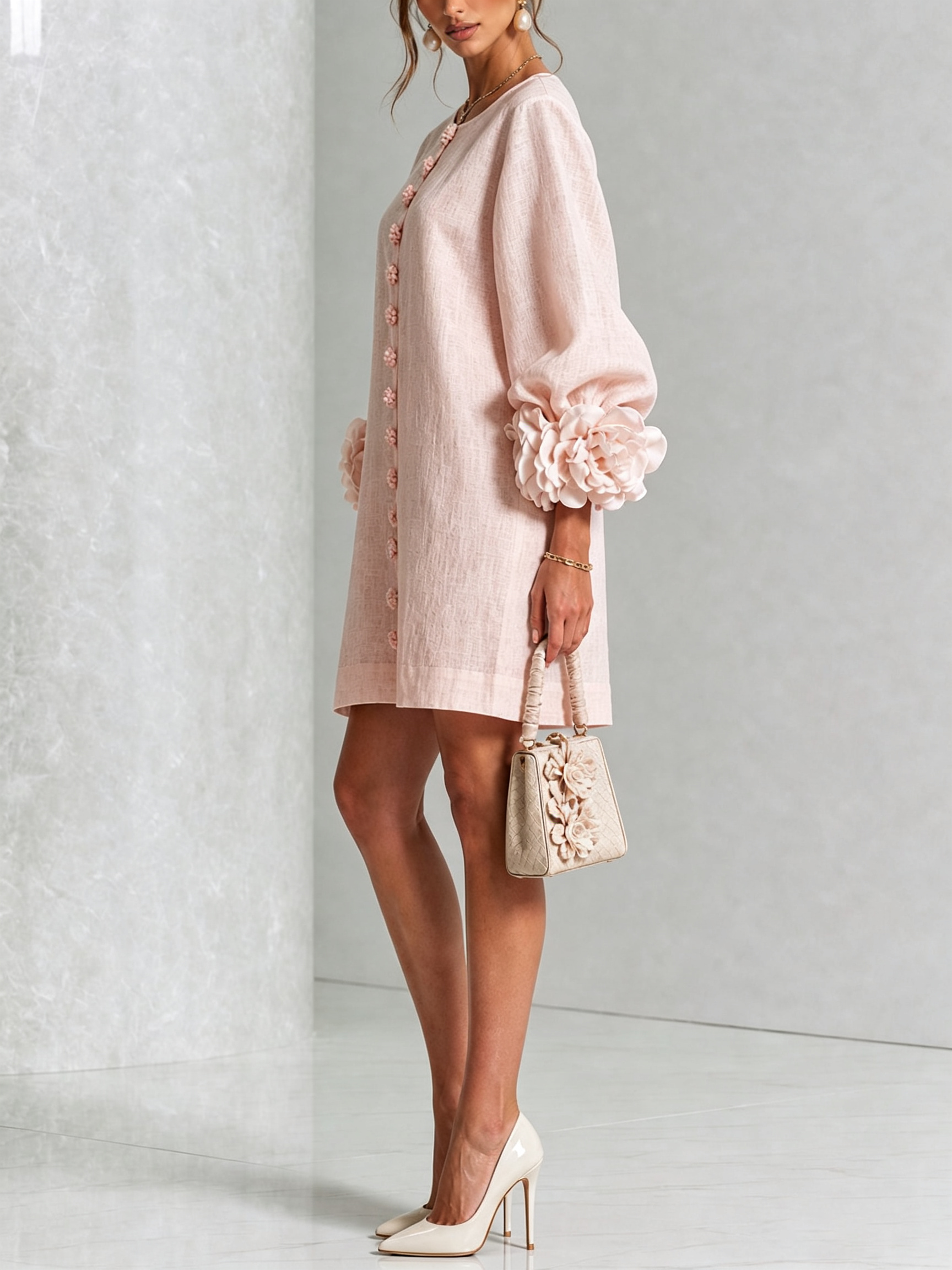 Floryn™ | Floral Cuff Button-Front Mini Dress