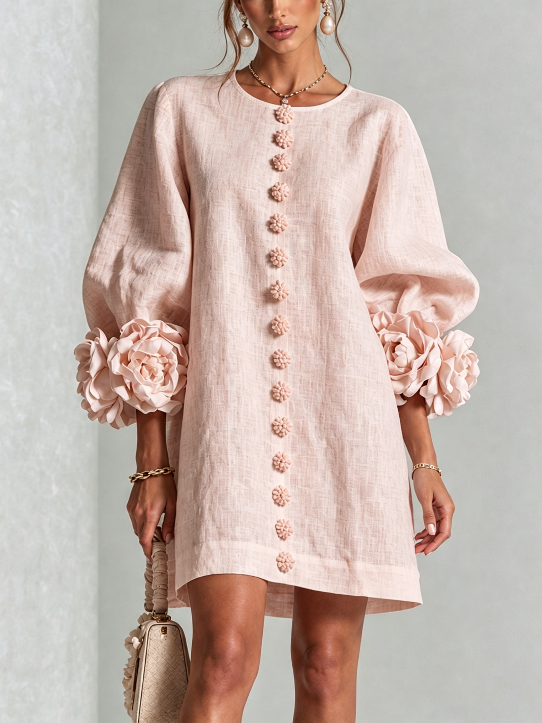 Floryn™ | Floral Cuff Button-Front Mini Dress
