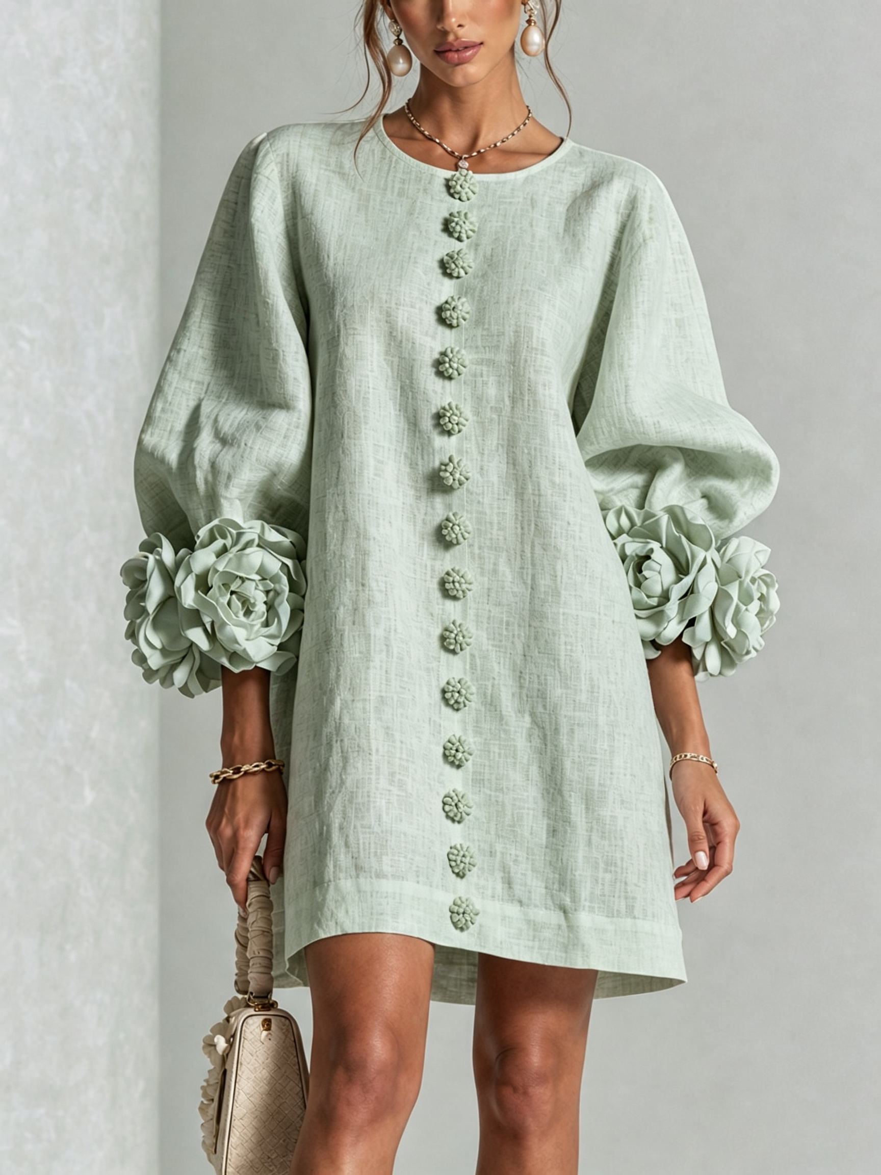 Floryn™ | Floral Cuff Button-Front Mini Dress