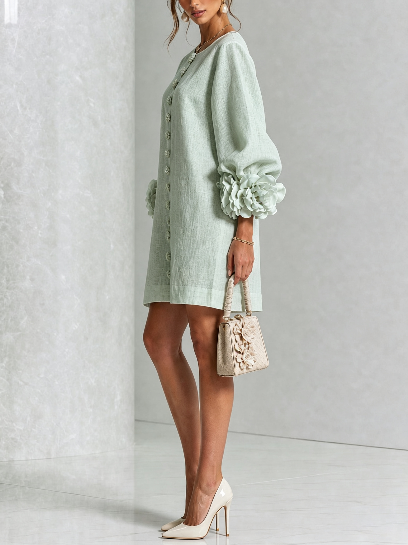 Floryn™ | Floral Cuff Button-Front Mini Dress