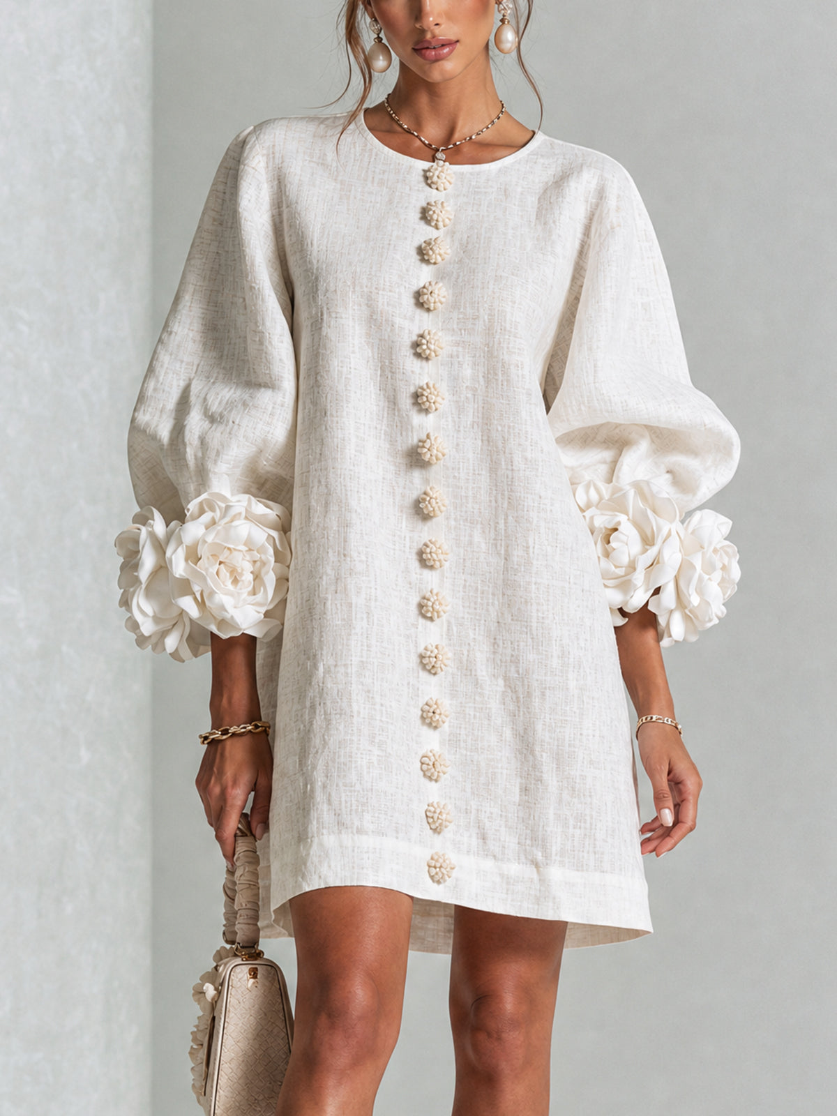Floryn™ | Floral Cuff Button-Front Mini Dress