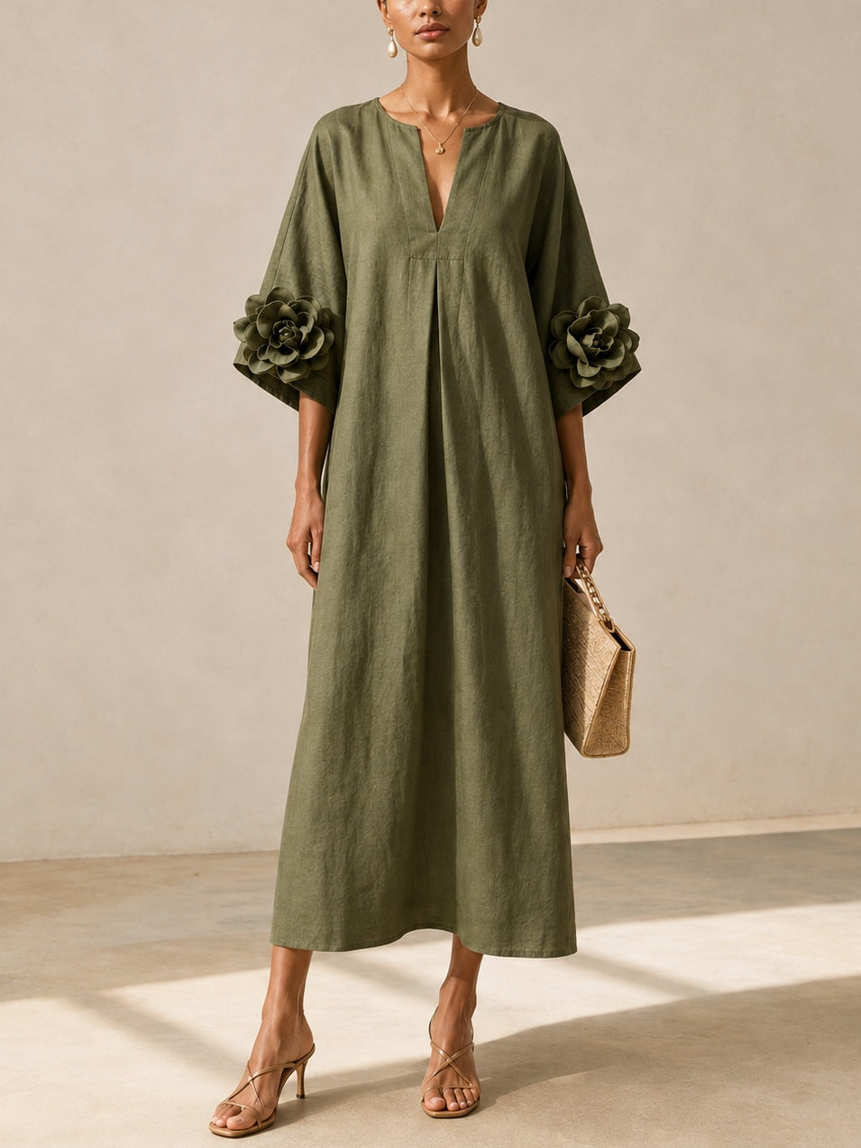Olivera™ | Rose-Cuff Relaxed Maxi Dress