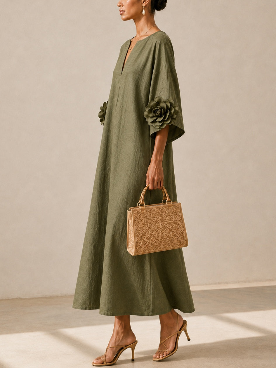 Olivera™ | Rose-Cuff Relaxed Maxi Dress