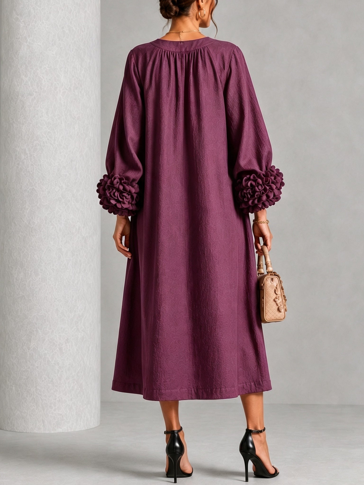Eugenia™ | Floral Cuff Relaxed V-Neck Midi Dress