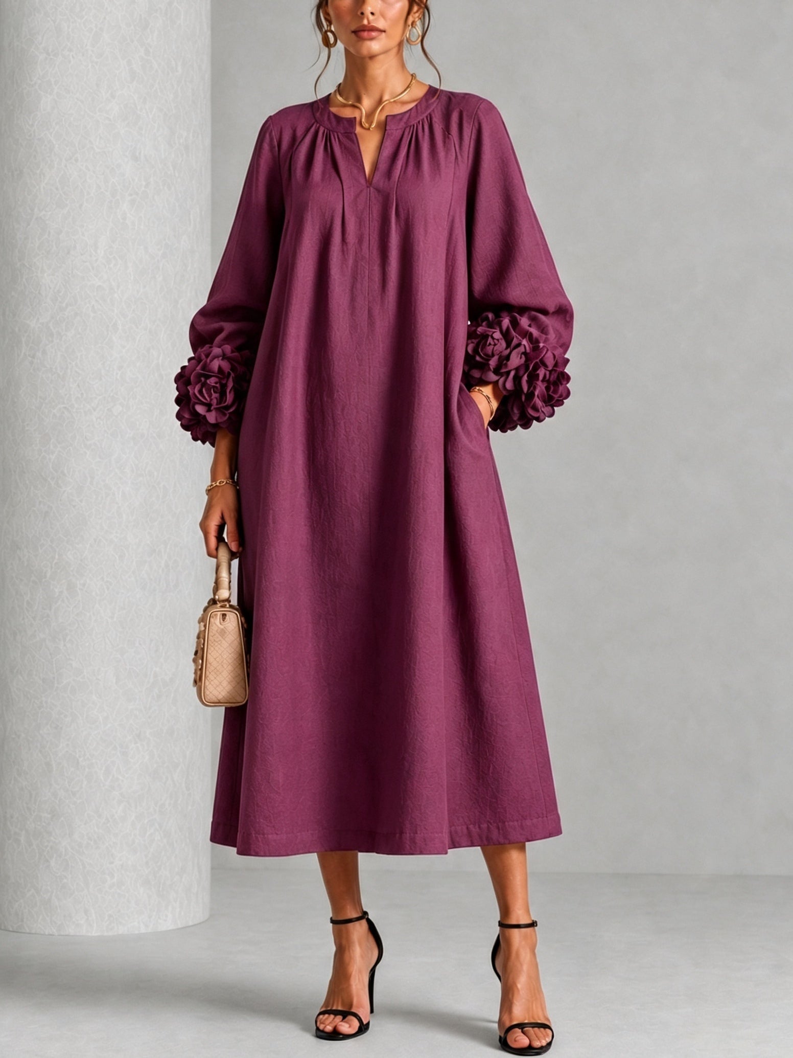 Eugenia™ | Floral Cuff Relaxed V-Neck Midi Dress