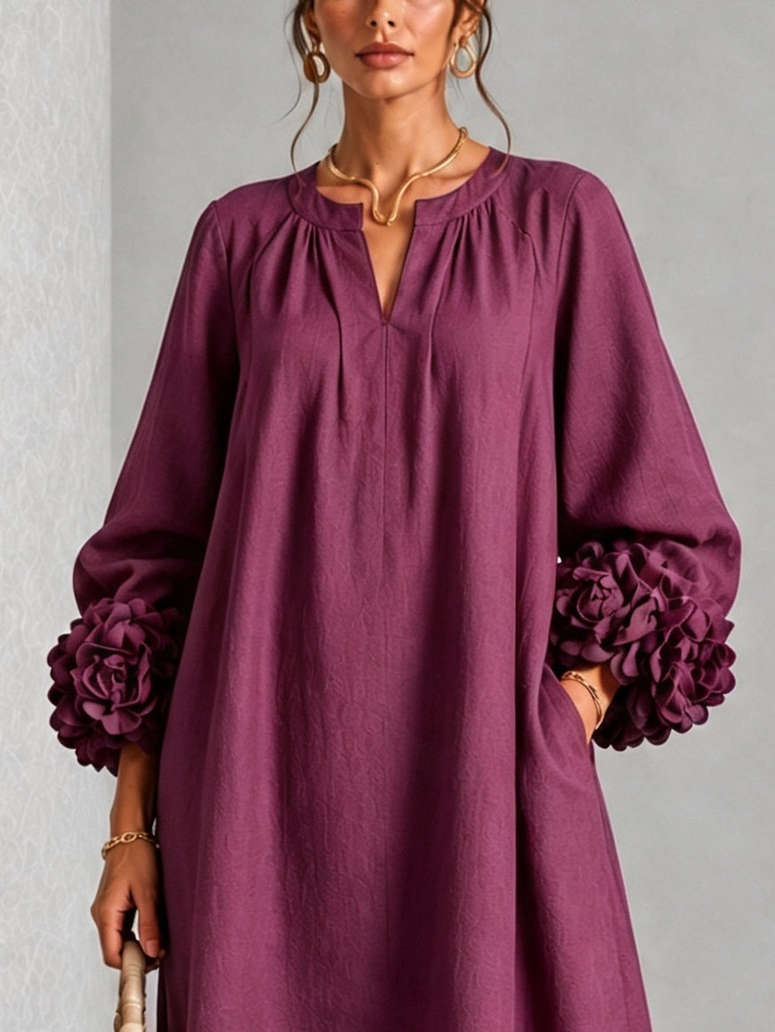 Eugenia™ | Floral Cuff Relaxed V-Neck Midi Dress
