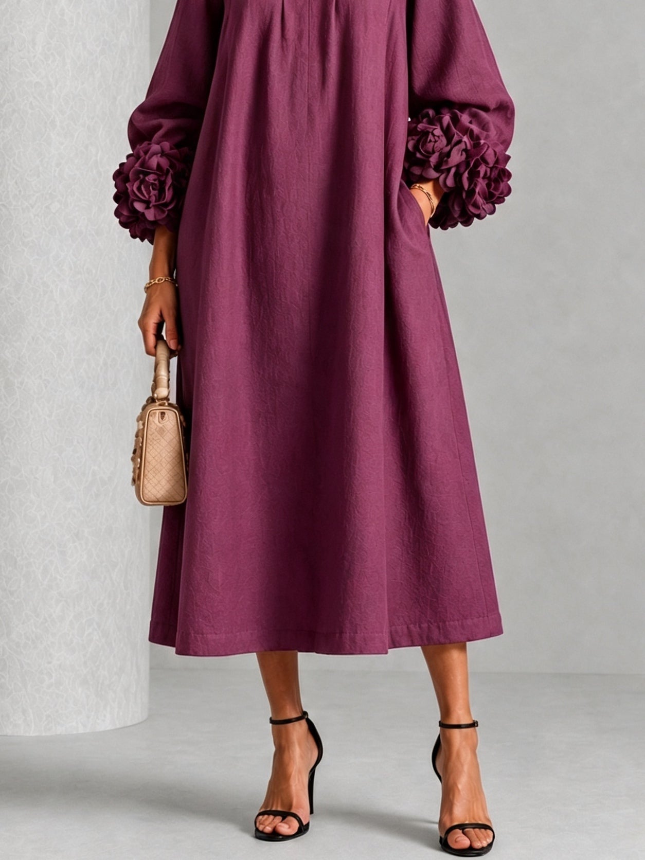 Eugenia™ | Floral Cuff Relaxed V-Neck Midi Dress