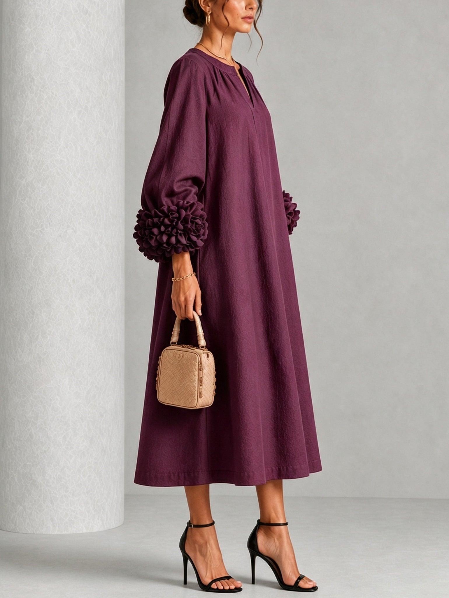 Eugenia™ | Floral Cuff Relaxed V-Neck Midi Dress