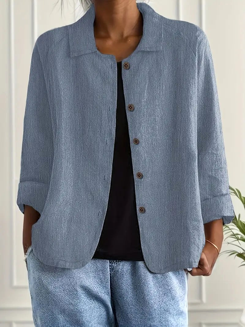 Wilhelmine™ | Soft Blue Textured Relaxed Button-Front Blouse