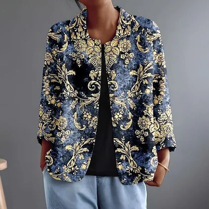 Nolwen™ | Navy & Gold Baroque Button-Front Blouse