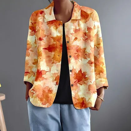 Laurentine™ | Watercolor Autumn Leaf Button-Front Blouse
