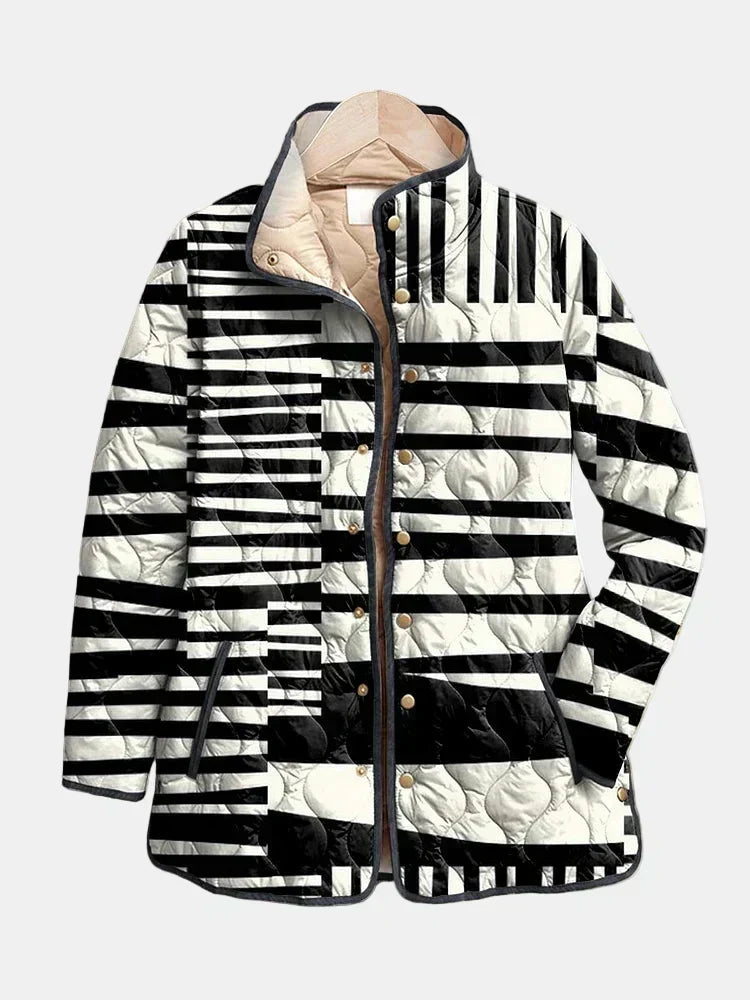 Constance™ | Abstract Black & Ivory Quilted Longline Jacket