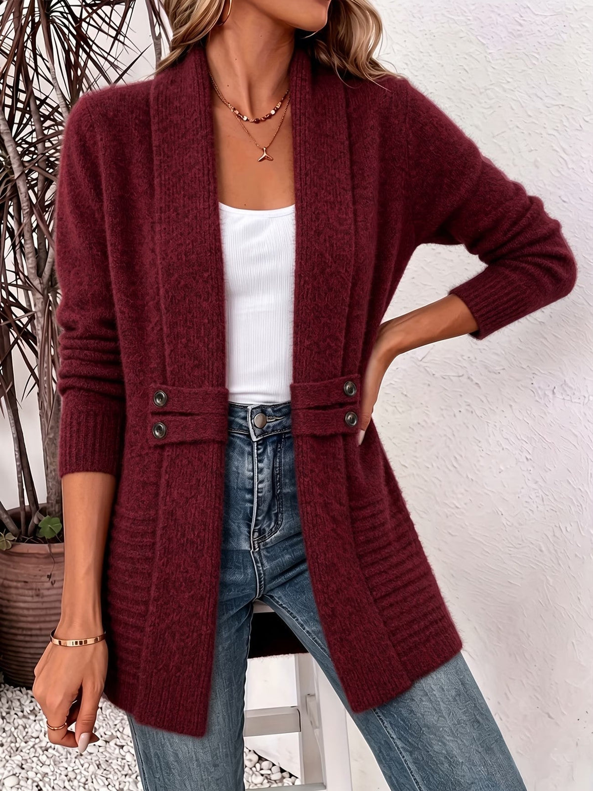 Marlowe™ | Burgundy Ribbed Button-Tab Cardigan