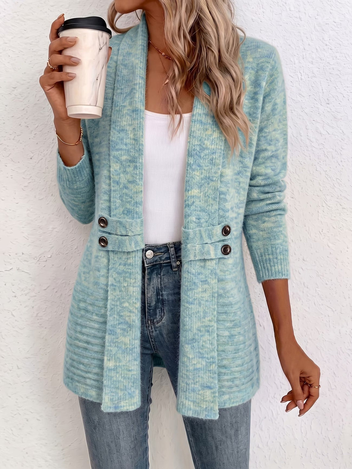 Nova™ | Aqua Ribbed Button-Tab Cardigan