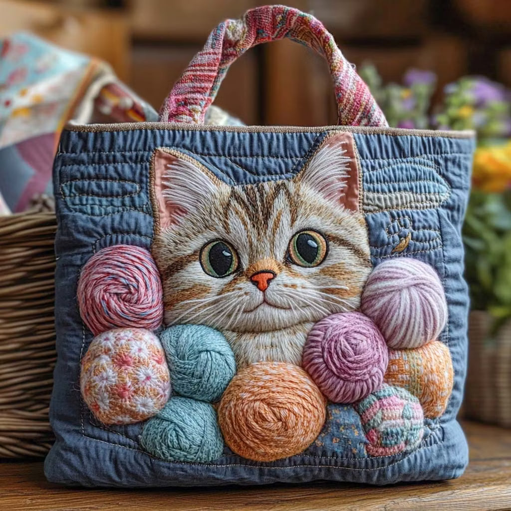 Penny™ | Playful Kitten & Colorful Yarn Quilted Tote Bag