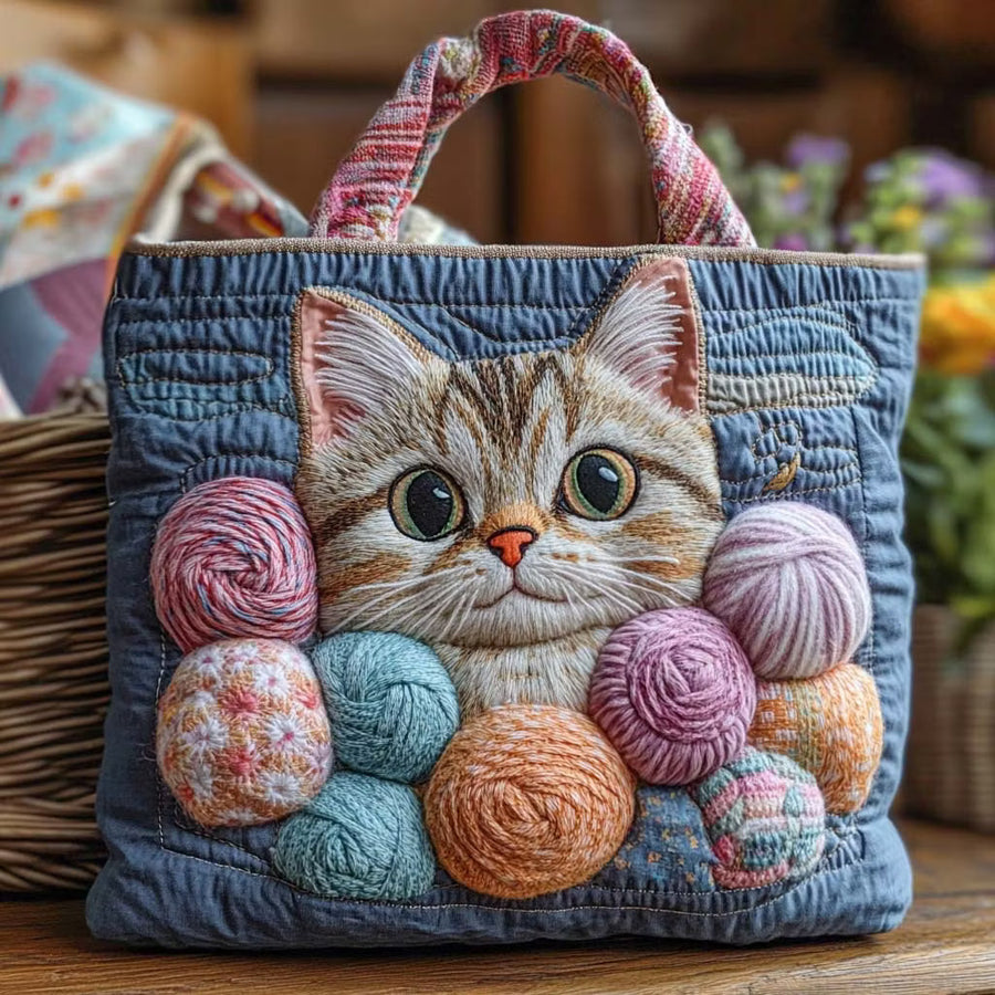 Penny™ | Playful Kitten & Colorful Yarn Quilted Tote Bag