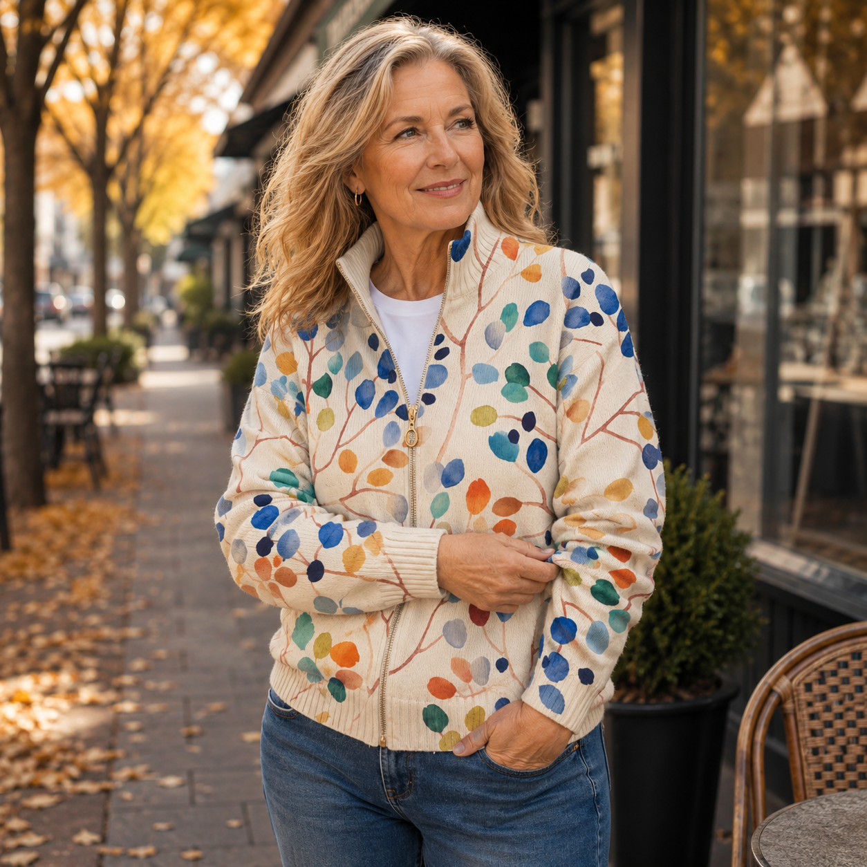 Greta™ | Colorful Botanical Leaf Zip-Up Cardigan